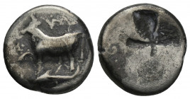 Greek Thrace. Byzantion circa 340-320 BC. Hemidrachm AR 2.3gr. 13.5mm.
Cow standing left on dolphin left, monogram above / Incuse punch of mill-sail p...