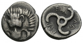 Greek 
Dynasts of Lycia. Perikles circa 380-360 BC. Tetrobol AR 2.5gr. 15.3mm.
Facing lion's scalp / Triskeles. good very fine Falghera 217; SNG Copen...