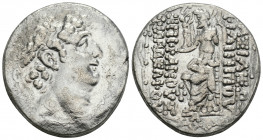 Greek
Seleukid Kings of Syria, Philip Philadelphos AR Tetradrachm. Antioch on the Orontes, 93-83 BC. 15.3gr. 27.4mm.
 Diademed head right / Zeus seate...