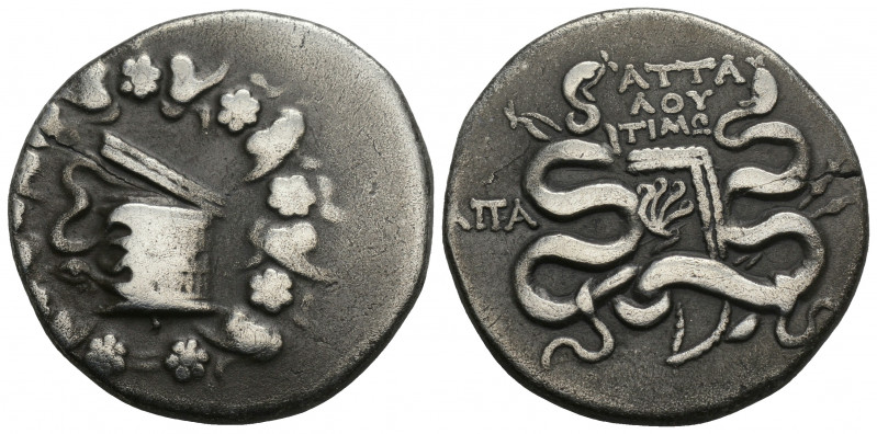 Greek
Phrygia, Apameia AR Cistophoric Tetradrachm. Attalos and Timo-, magistrate...