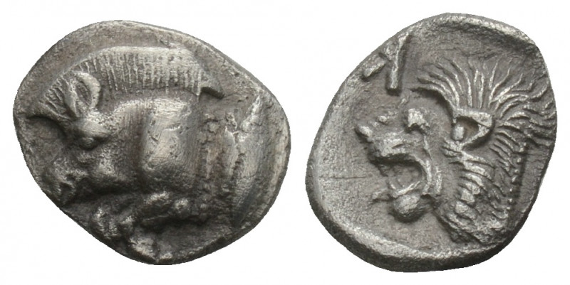 Greek
MYSIA, Kyzikos. Circa 450-400 BC. AR Obol. 0.78gr. 10.1mm.
Forepart of b...