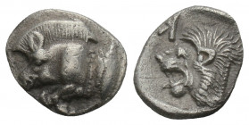 Greek
MYSIA, Kyzikos. Circa 450-400 BC. AR Obol. 0.78gr. 10.1mm.
Forepart of boar left; to right, tunny upward / Head of roaring lion left; retrogra...