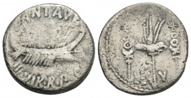 Roman Republic
 Mark Antony. Autumn 32-spring 31 BC. AR Denarius Legionary issue. Patrae(?) mint. 3.6gr. 17.3mm.
Praetorian galley right / Aquila betw...