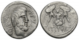 Roman Republic
L. Titurius L. f. Sabinus (89 BC), Denarius 89 BC, Rome mint 3.8gr. 18.5mm.
Obverse: bareheaded, bearded head of King Tatius right, pal...