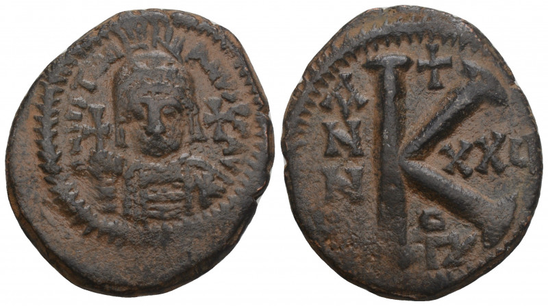 BYZANTINE 
 Justinian I, 527-565 AD. Æ Half Follis Cyzicus, Year 25 (552/3 AD). ...