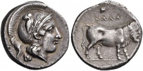 Campania. Nola. Circa 400-385 BC. Nomos (Silver, 21 mm, 7.36 g, 11 h). Head of Athena to right, wearing crested Attic helmet adorned with a laurel wre...