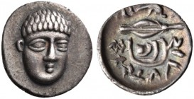 Campania. Phistelia. Circa 325-275 BC. Obol (Silver, 11 mm, 0.63 g, 3 h). Male head facing, turned slightly to right. Rev. Fistluis (Oscan) Dolphin sw...