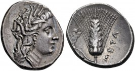 Lucania. Metapontum. Circa 290-280 BC. Didrachm or nomos (Silver, 22 mm, 7.58 g, 8 h). Head of Demeter to right, wearing wreath of barley ears. Rev. Μ...