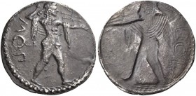 Lucania. Poseidonia. Circa 530-500 BC. Stater (Silver, 27 mm, 7.18 g, 1 h). ΜΟΠ Poseidon, nude but for chlamys over his shoulders, striding right and ...