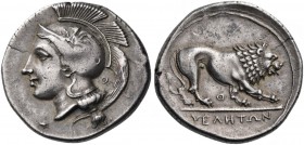 Lucania. Velia. Circa 334-300 BC. Didrachm or nomos (Silver, 23 mm, 7.57 g, 1 h). Head of Athena to left, wearing Attic helmet adorned with a griffin ...