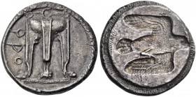 Bruttium. Kroton. Circa 480 BC. Stater (Silver, 23 mm, 7.64 g, 12 h). (koppa)ΡΟ Tripod with three ring handles and legs ending in lion's paws; cable b...