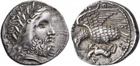 Bruttium. Lokroi Epizephyrioi. Circa 350-275 BC. Stater (22 mm, 7.71 g, 2 h). Laureate head of Zeus to right; behind, thunderbolt. Rev. Λ-Ο-Κ-Ρ-Ω-Ν Ea...