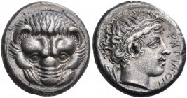 Bruttium. Rhegion. Circa 415/0-387 BC. Tetradrachm (Silver, 22 mm, 16.82 g, 6 h). Lion’s mask facing. Rev. ΡΗΓΙΝΟΝ Laureate head of Apollo to right, w...