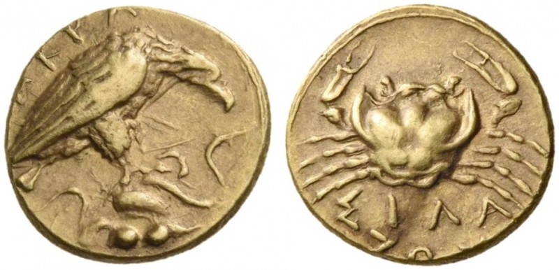 Sicily. Akragas. 406 BC. Dilitron (Gold, 9 mm, 1.39 g, 12 h). ΑΚRΑ Eagle with cl...