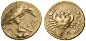 Sicily. Akragas. 406 BC. Dilitron (Gold, 9 mm, 1.39 g, 12 h). ΑΚRΑ Eagle with closed wings perching on rock to right, tearing at serpent; on rock, two...