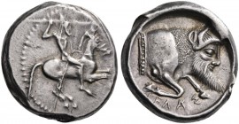 Sicily. Gela. Circa 480/75-475/70 BC. Didrachm (Silver, 18 mm, 8.78 g, 2 h). Bearded horseman galloping to right, nude but for his tall helmet, hurlin...