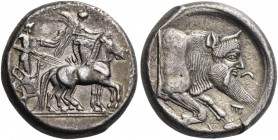 Sicily. Gela. Circa 480/75-475/70 BC. Tetradrachm (Silver, 25 mm, 17.20 g, 8 h). Bearded charioteer driving quadriga moving slowly to the right; above...