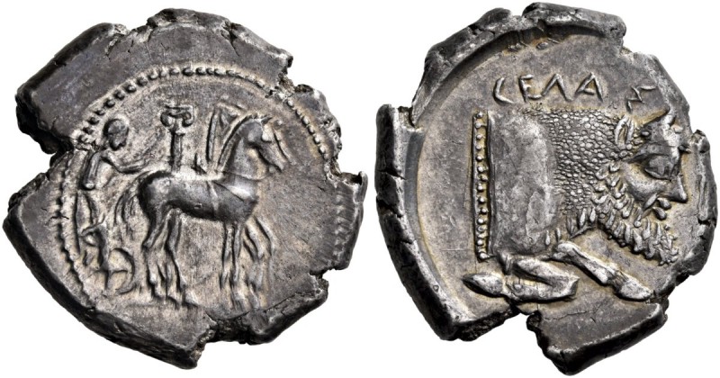 Sicily. Gela. Circa 465-450 BC. Tetradrachm (Silver, 27 mm, 17.31 g, 9 h). Chari...