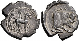 Sicily. Gela. Circa 465-450 BC. Tetradrachm (Silver, 27 mm, 17.31 g, 9 h). Charioteer, holding the reins in his right hand and a goad in his left, dri...