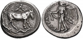 Sicily. Katane. Circa 461-450 BC. Tetradrachm (Silver, 30 mm, 17.25 g, 12 h). Man-headed bull (river god Amenanos) walking to right; above, satyr runn...