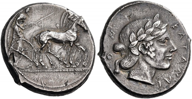 Sicily. Katane. Circa 450-445 BC. Tetradrachm (Silver, 26 mm, 16.94 g, 8 h). Mal...