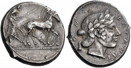 Sicily. Katane. Circa 450-445 BC. Tetradrachm (Silver, 26 mm, 16.94 g, 8 h). Male charioteer wearing a long chiton and holding a goad in his right han...
