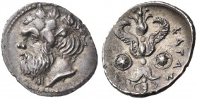 Sicily. Katane. Circa 415/3-404 BC. Litra (Silver, 12 mm, 0.84 g, 6 h). Head of Silenos to left, wearing ivy wreath. Rev. ΚΑΤΑΝΑΙΩΝ Winged thunderbolt...