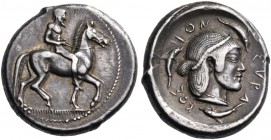 Sicily. Syracuse. Circa 470 BC. Didrachm (Silver, 19 mm, 8.64 g, 4 h). Nude and bearded horseman riding to right, leading a spare horse to his left. R...