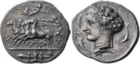 Sicily. Syracuse. Dionysios I, 405-367 BC. Dekadrachm (Silver, 39 mm, 41.16 g, 11 h), by Kimon, but unsigned, circa 405-400. Charioteer driving fast q...