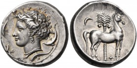 Sicily. Unlocated Punic mints. Circa 330-300 BC. Tetradrachm (Silver, 26 mm, 17.10 g, 5 h). Head Tanit-Persephone to left, wearing wreath of barley, t...