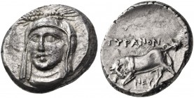 Skythia. Tyras. Circa 330-310 BC. Drachm (Silver, 18 mm, 5.62 g, 3 h). Veiled head of Demeter facing, turned slightly to left and with a wreath of gra...