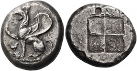 Thrace. Abdera. Circa 490 BC. Octodrachm (Silver, 29 mm, 28.88 g). Griffin, with right foreleg raised, seated to left on base with an egg and dart mol...