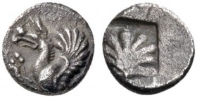 Thrace. Abdera. Circa 473/0-449/8 BC. Hemiobol (Silver, 6 mm, 0.27 g, 12 h). Forepart of a griffin to left, right paw raised. Rev. Scallop shell in in...