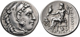Kings of Thrace. Lysimachos, 305-281 BC. Drachm (Silver, 18 mm, 4.29 g, 12 h), Abydos, 299/8-297/6. Head of Herakles to right, wearing lion skin headd...