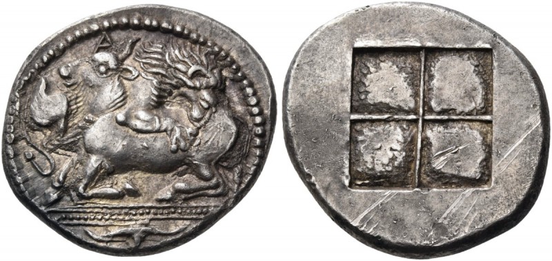 Macedon. Akanthos. Circa 470 BC. Tetradrachm (Silver, 27 mm, 17.22 g). Lion to r...