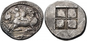 Macedon. Akanthos. Circa 470 BC. Tetradrachm (Silver, 27 mm, 17.22 g). Lion to right, attacking bull, collapsing to left with head raised; above, Α; b...