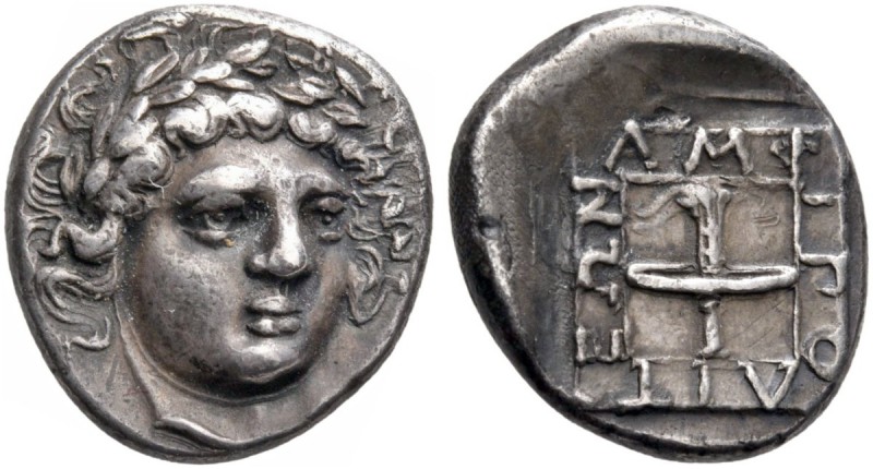 Macedon. Amphipolis. 369/8 BC. Drachm (Silver, 16 mm, 3.57 g, 2 h). Laureate hea...