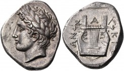 Macedon. Chalkidian League. Circa 432-348 BC. Tetradrachm (Silver, 24 mm, 14.60 g, 6 h), Olynthos mint, c. 380s-370 BC. Laureate head of Apollo to lef...
