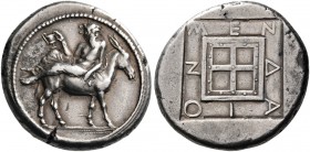 Macedon. Mende. Circa 460-423 BC. Tetradrachm (Silver, 27 mm, 17.20 g, 12 h), circa 430-423. Dionysos, wearing ivy wreath and himation and with his he...