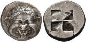 Macedon. Neapolis. Circa 500-480 BC. Stater (Silver, 21 mm, 10.07 g). Gorgoneion facing with extended tongue. Rev. Quadripartite incuse square. Dewing...