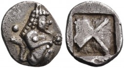Thraco-Macedonian Region. Siris. Circa 525-480 BC. Trihemiobol or 1/8 Stater (Silver, 11 mm, 1.13 g). Nude satyr kneeling right between two pellets. R...