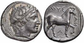Kings of Macedon. Pausanias, 395/4-393 BC. Didrachm or Stater (24 mm, 10.54 g, 9 h). Head of Apollo to right, wearing taenia. Rev. [Π]ΑΥΣ-ΑΝ-Ι-Α (the ...