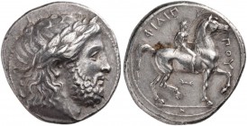 Kings of Macedon. Philip II, 359-336 BC. Tetradrachm (Silver, 23 mm, 14.51 g, 12 h), Pella, 342/1-337/6. Laureate head of Zeus to right. Rev. ΦΙΛΙΠΠΟΥ...