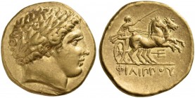 Kings of Macedon. Philip II, 359-336 BC. Stater (Gold, 18 mm, 8.64 g, 1 h), Pella, c. 340-328. Laureate head of Apollo to right. Rev. ΦΙΛΙΠΠΟΥ Chariot...