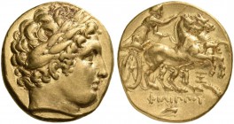 Kings of Macedon. Philip II, 359-336 BC. Stater (Gold, 19 mm, 8.57 g, 12 h), Abydos, struck under Philip III, 323-317, probably prior to 319. Laureate...