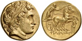 Kings of Macedon. Philip II, 359-336 BC. Stater (Gold, 17 mm, 8.64 g, 11 h), Struck under Philip III, Kolophon, 323-317. Laureate head of Apollo to ri...