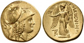 Kings of Macedon. Alexander III ‘the Great’, 336-323 BC. Stater (Gold, 17 mm, 8.57 g, 12 h), Kition, 325-320. Head of Athena right, wearing Corinthian...
