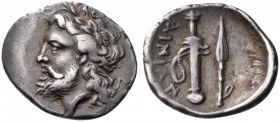 Thessaly. Ainianes. Circa 400-344 BC. Obol (Silver, 12 mm, 0.88 g, 11 h), Hypata. Laureate and bearded head of Zeus to left. Rev. ΑΙΝΙΑΝ Sword in scab...