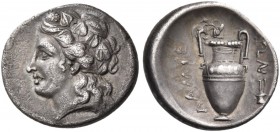 Thessaly. Lamia. Circa 360s-350s BC. Hemidrachm (Silver, 16 mm, 2.84 g, 12 h). Head of Dionysos to left, wearing ivy wreath. Rev. ΛΑΜΙΕ - ΩΝ Amphora w...