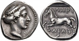 Thessaly. Larissa. Early to mid 4th Century BC. Drachm (Silver, 19 mm, 6.03 g, 1 h). Head of the nymph Larissa to right, her hair bound in a plain sak...
